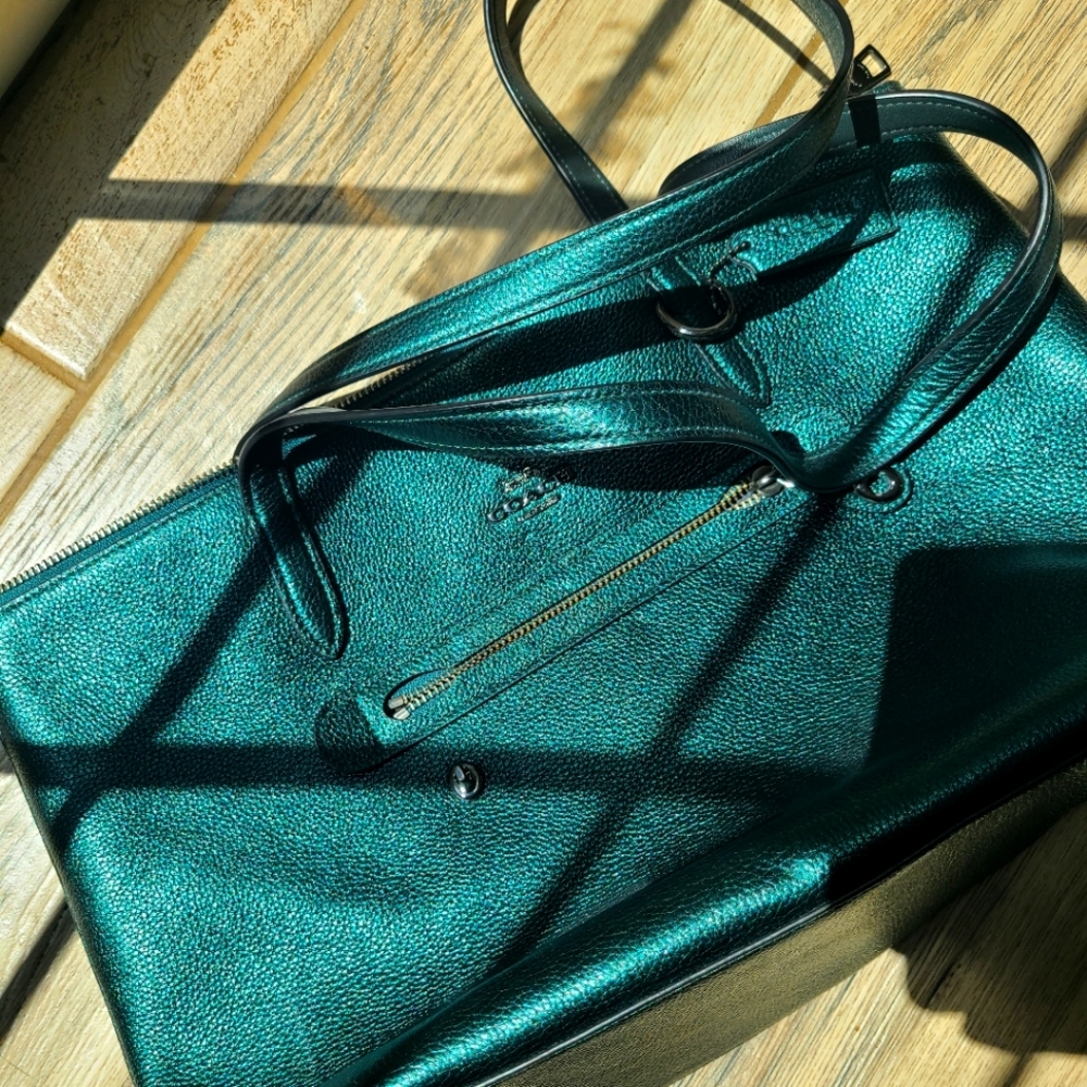Metallic Green Coach Zip Tote Purse